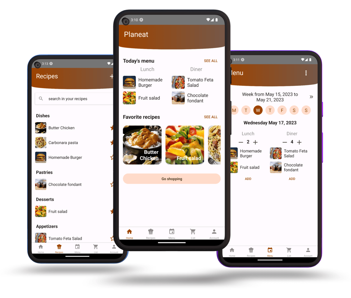 Screenshots of the Planeat app